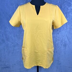 Mandala‎ Scrub Top V-Neck Short Sleeve Pockets Medical Uniform Yellow XS